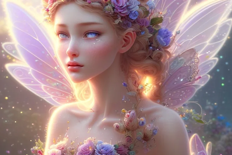 one very little beautiful fairy on a big crystal subtle flower in a galactic ambiance, transparent petals, delicate colors, in the foreground, full of details, smooth, bright sunshine，soft light atmosphere, light effect，vaporwave colorful, concept art, smooth, extremely sharp detail, finely tuned detail, ultra high definition, 8 k, unreal engine 5, ultra sharp focus