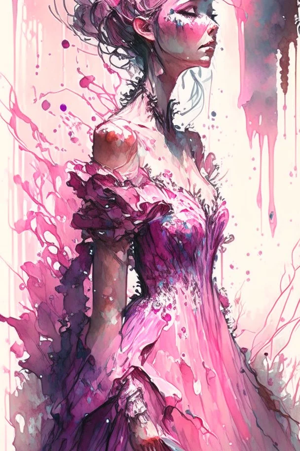 a beautiful bride in pink dress,Watercolor: brush strokes: ink drip: ink spots: by Android Jones: By Ismail Inceoglu and Jean Baptiste mongue: James Jean: Erin Hanson: Dan Mumford: professional photography, natural lighting, volumetric lighting maximalist photoillustration 8k resolution concept art intricately detailed, complex, elegant, expansive, fantastical