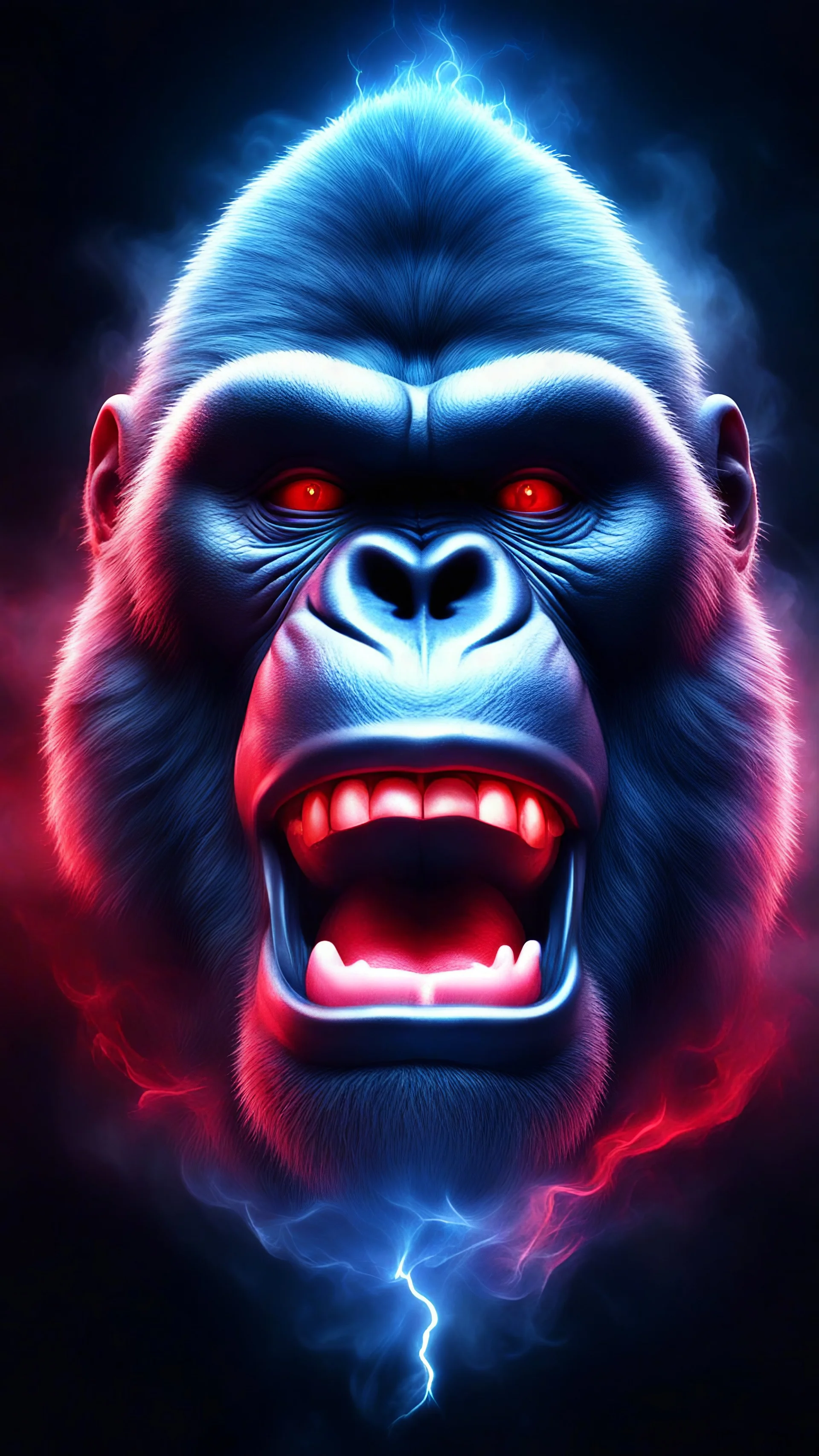 3D image of abstract smile snowland , gorilla head symbol tattoo with rose element,blue and red tone light,motions fog smoke on dark cinematic & hyperreflexia background, ultra realistic, 8k quality resolution, dark fantasy, hyperrealism, neons lightning.