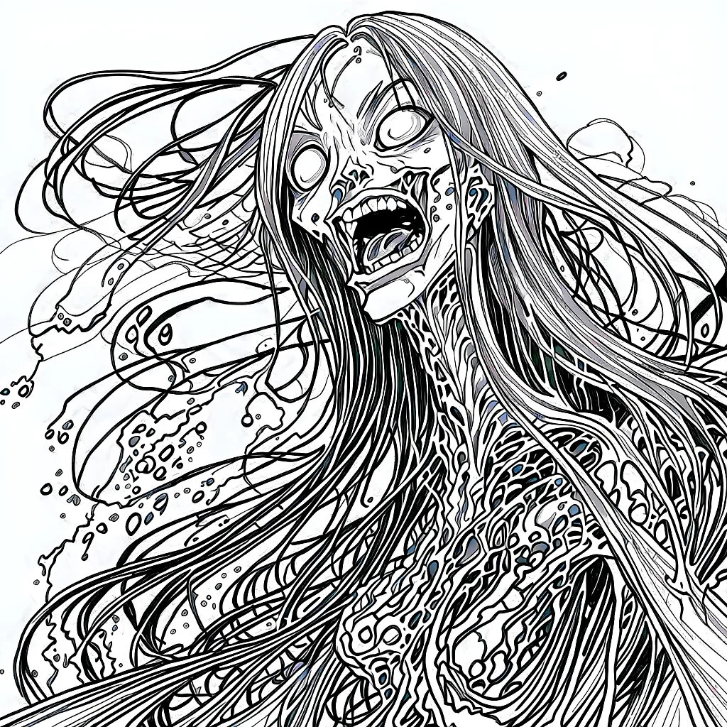 sketchy colorless illustration of a malevolent shape shifting female Funayurei water ghost with highly detailed facial features and skin textures, in the style of Alex Pardee , Jean Giraud Moebius, and Katsushika Hokusai, highly detailed, boldly inked,