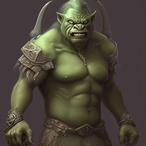 orc mage, Height 250cm, Weight 200kg, Skin color green, Has predator-like eyes, fangs, and claws He holds an old stuff in his hand. Kills humans with ferocious accuracy, Intelligence is that of a human child. Wears crude silk armor