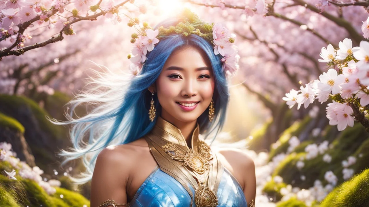 Portrait of a gorgeous smiling asian goddess with a golden dark skin, long smooth clear blueish hair, blue eyes, in a sci-fi outfit with luminous strikes in a hill of flowers with sakura trees, a small torrent, loads of mini flowers, moss, sun rays through the branches, particles in the air at spring