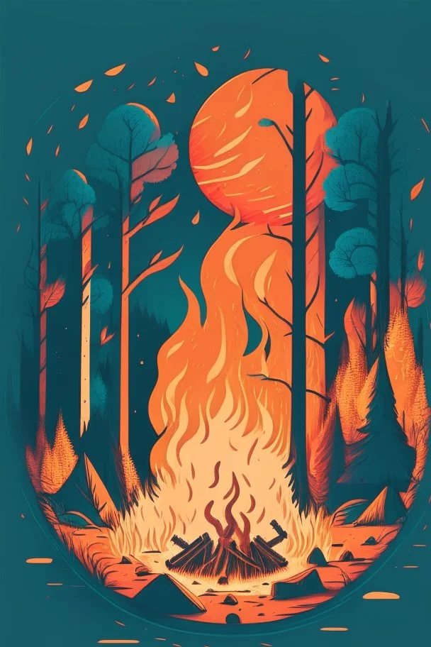 perfect round ball burning in a bonfire inside a forest, 2D flat illustration style, monoline, 3 colors max