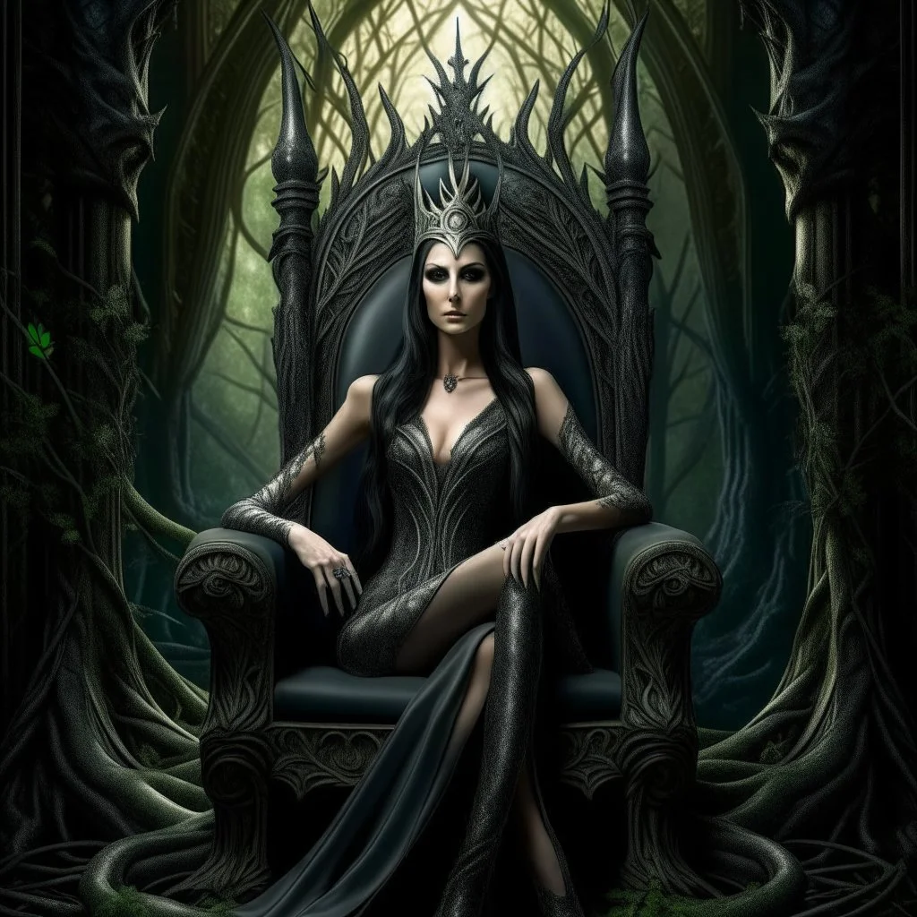 Morena Baccarin as a beautiful sexy dark elf queen seated elegantly on a throne in a mystical forest, dark celtic vignette frame