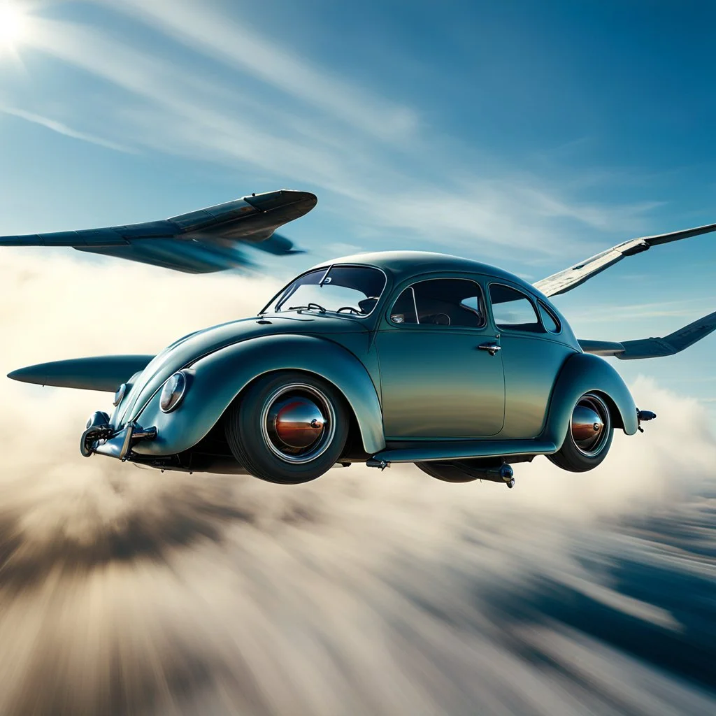 a high definition screen shot of a jet-fighter vw-beetle, retrofuturistic, phototrealism, in flight, one subject, should have wings with atleast one exposed jet on each wint or one coming throught thr front and center of the vehicle.