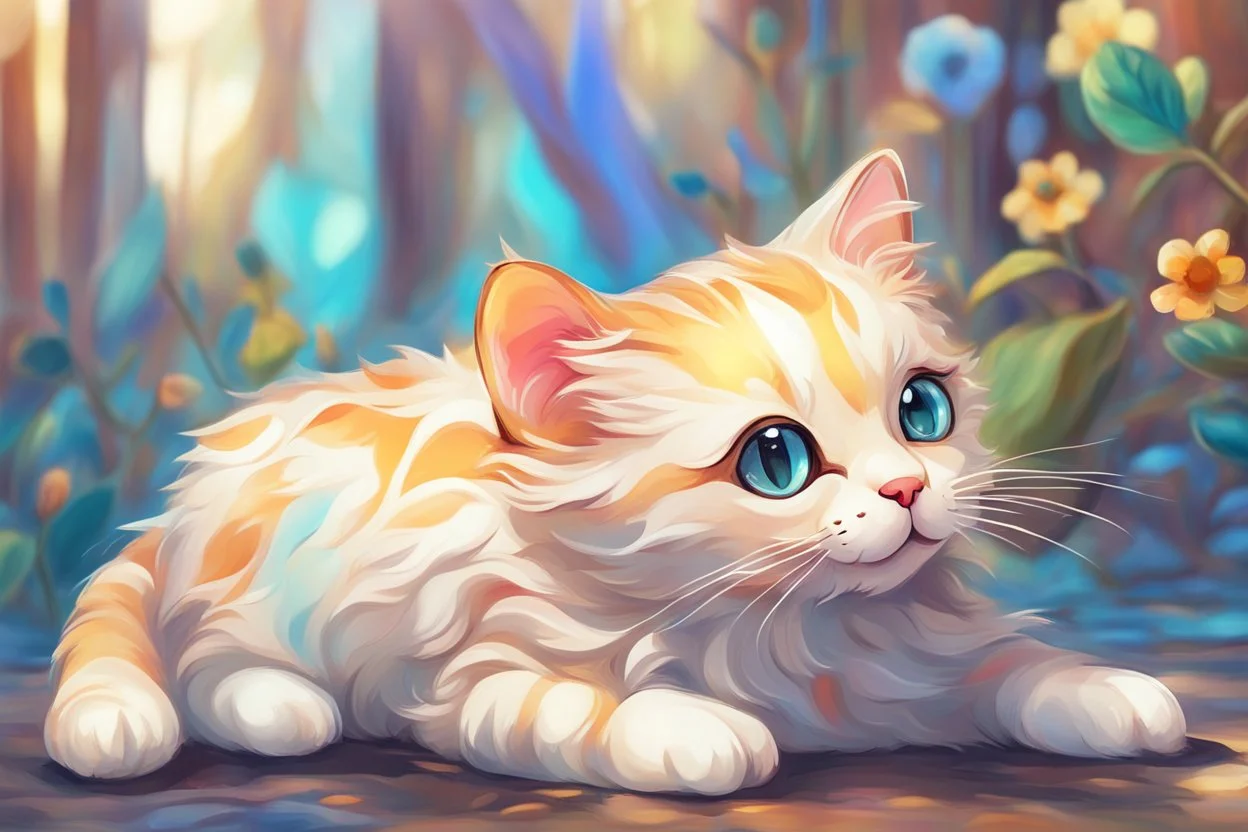 Cute chibi colourful Glass cat in style of Mariya Markina, digital painting; fantasy; very attractive; beautiful; high detail; cinematic postprocessing; acrylic art in sunshine