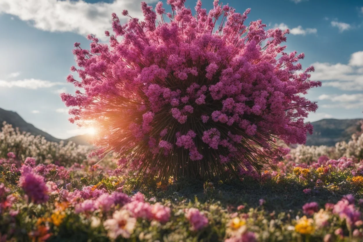 Atomic explosion, made of flowers, ULTRA REALISTIC, details, intricate detail, professional lighting, film lighting, 35mm, anamorphic, lightroom, cinematography, bokeh, lens flare, film grain, hdr10, 8k, Roger Deakins, incredibly detailed, reflect, sharpen