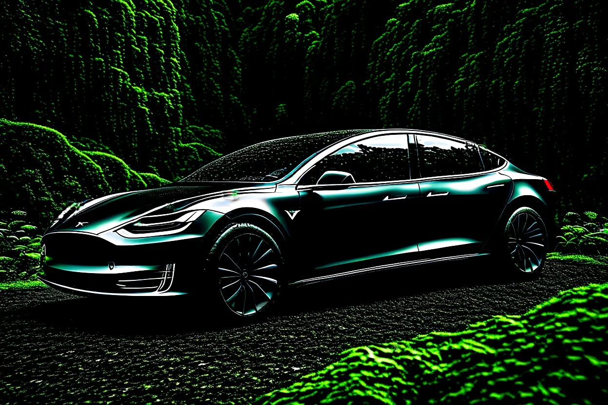 A Tesla's 'Model S Plaid' is parked, amid the 'Jurassic Park' jungle. CINEMATIC. WIDE ANGLE LENS. PHOTO REAL.