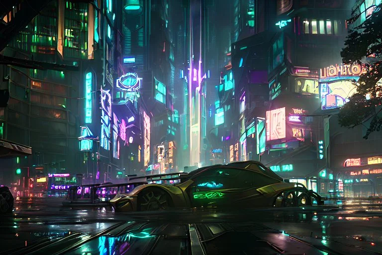 Cyberpunk district with giant foggy skyscarpers, cars, FoV: 100, HD, Unreal Engine 4, heavy rain, rainy streets reflection, neon signs, low contrast, grainy, less color, titanfall,