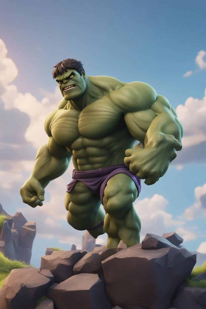 Create a picture of hulk falling from the skye to a pit animated like fortnite