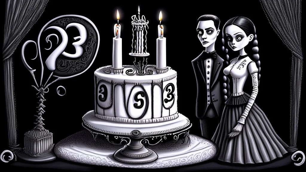 draw a birthday cake with logo number 23 or one candle 23 .Insanely detailed Addams Family movie still with Barbie dolls, art by tim burton