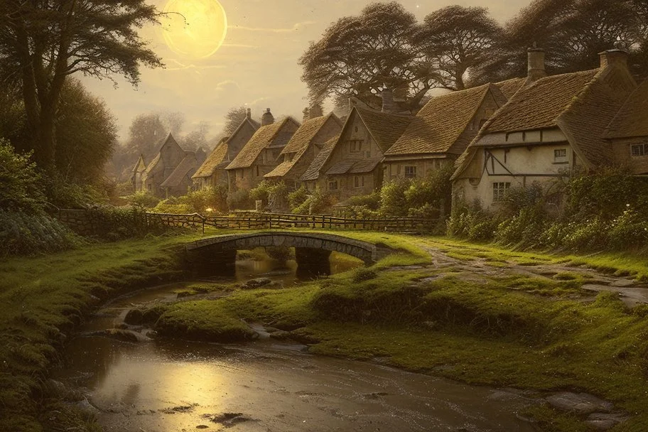 A Cotswold village, a brook, a bridge, Full moon, beautiful celestial sky, Milky Way, hyper-detailed art by Ivan Kramskoi. elegant intricate oil on canvas beautiful high detail award winning fantastic view crisp quality hdr