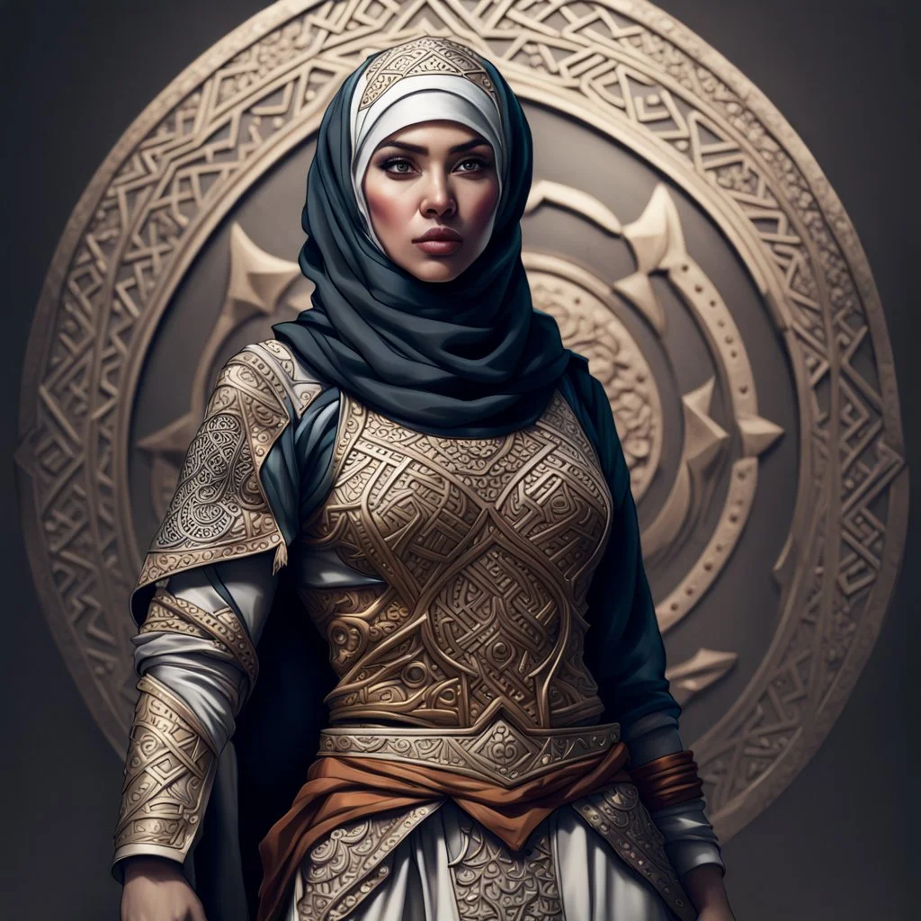 Fhoto full body, reality, Raw, hijab as warrior, digital art, with logo text "addie", intricate details, powerful composition, captivating, , trending on artstation, sharp focus, studio photo, intricate details, highly detailed, by addie_digi