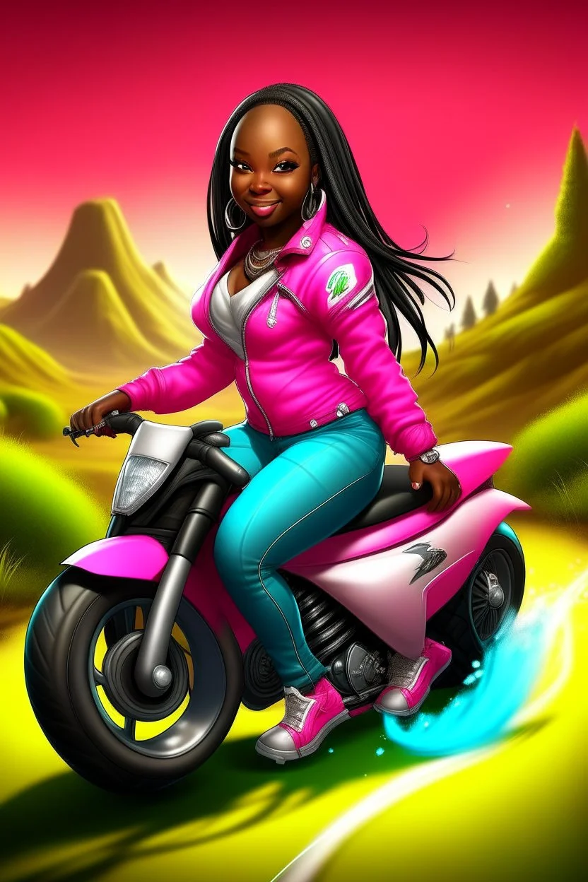 Create a digital airbrush cartoon of a curvy African American female wearing tight white jeans and a off the shoulder hot pink blouse. She is also wearing timberland boots. Prominent make up with hazel eyes. Highly detailed very long extremely braids of black hair. Her skin is smooth and silky. Background of a track of ATV riders.