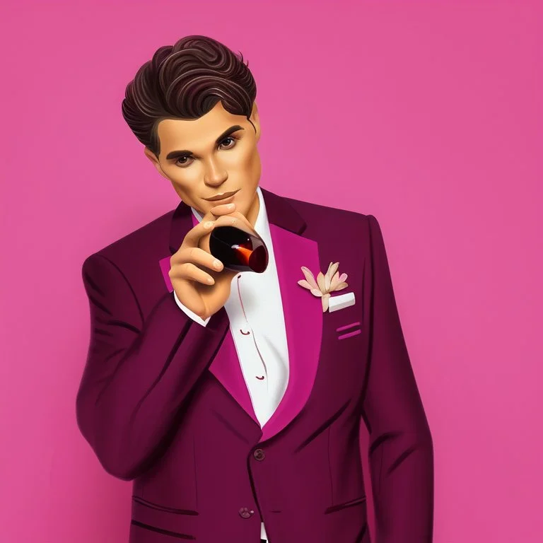 man in a pink suit, glam style and a glass of red wine in his hand, pink background too