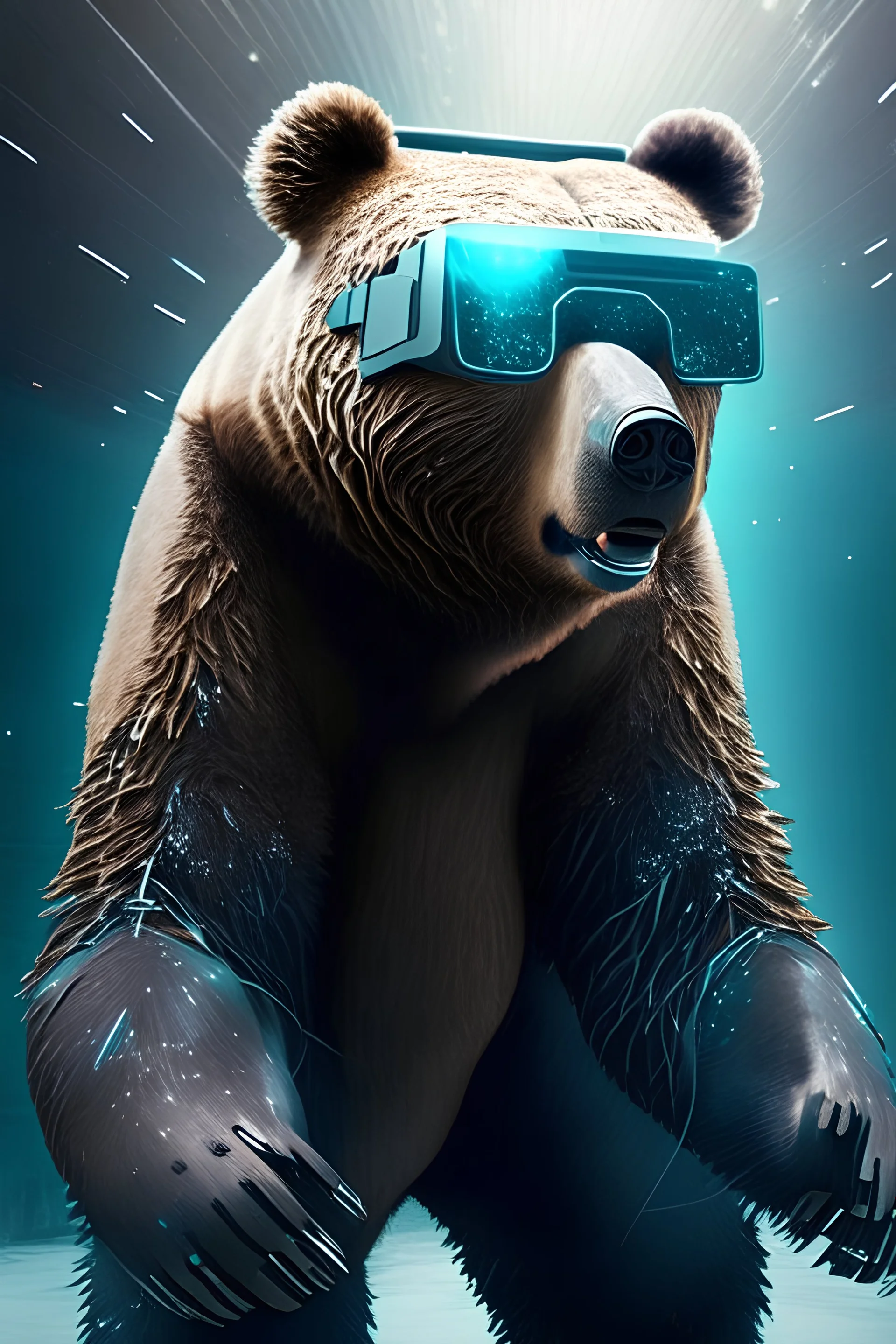 A bear showing the whole body wearing virtual reality glasses