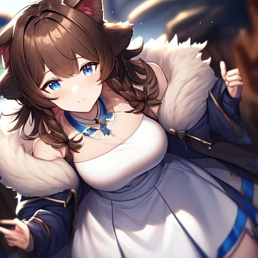 Clear focus, High resolution, Long fluffy brown hair, blue eyes, wearing a white skirt, detailed outfit, wearing a jacket oversized off shoulder, rough line, hair above ears, dog ears, off shoulder white shirt, chopped bangs, parted hair, medium locks