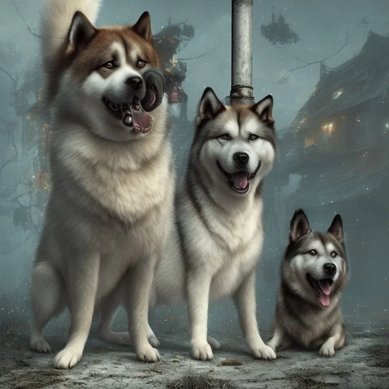 sad, abandoned, miserable akita dog tied to a pole with the Grim Reaper beside shitzhu dog on lonely highway, 8k resolution, high-quality, fine-detail, iridescent, intricate, digital art, detailed matte, volumetric lighting, illustration, 3D octane render, brian froud, howard lyon, selina french, anna dittmann, annie stokes, lisa parker, greg rutowski