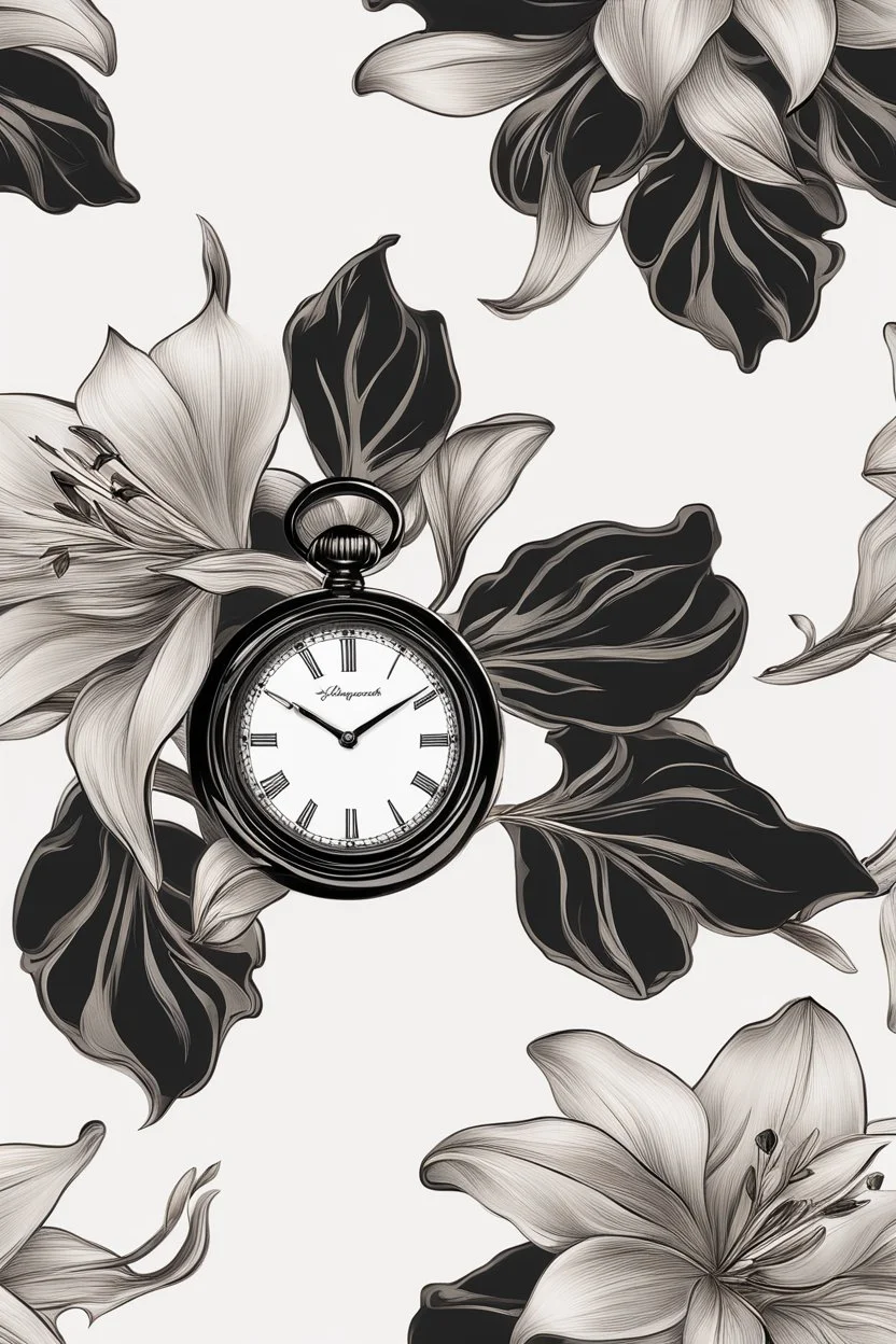 Black wristwatch Embellished with silver With a silver lily flower White background