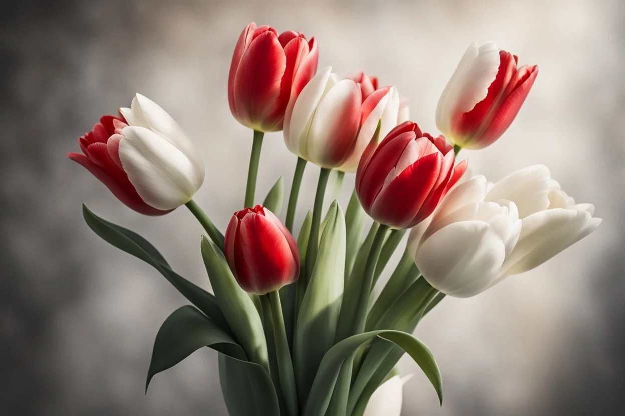 photorealistic 4 red tulips above and 2 white tulips down in a bouquet, soft lighting, sharp focus, rough edges in sunshine