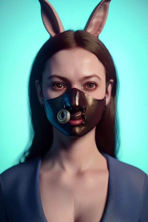 Portrait woman with Sweet Rabbit ceramic mask, suit, color background, photo studio, unreal engine 5, concept art, ray tracing, lumen lighting, ultra detail, volumetric lighting, 3d.