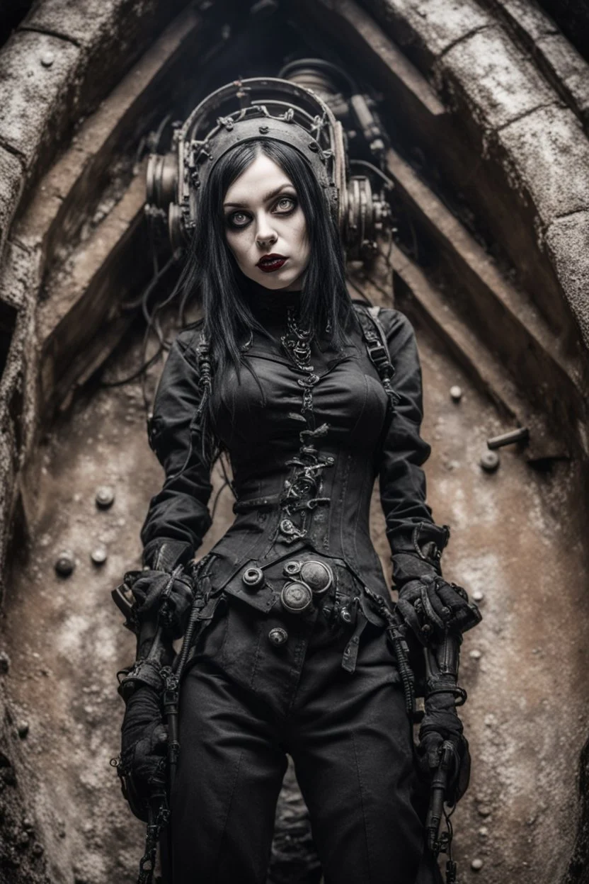 Closeup tall Girl goth with big eyes, ragged clothes, fullbody, dieselpunk, valves, the perspective looking up from the bottom of an empty well , 8k,macro photography,