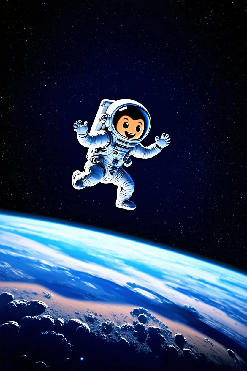 A small falling cartoon astronaut floating in space over a dim background with lots of distant stars and galaxies and quasars and nebulas. Realistic textures and grains. Render in HD 8K quality. High quality textures and details.