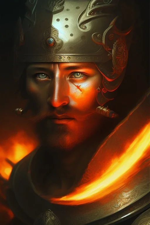 Fire theme art, Dark moody night atmosphere, Portrait of a warrior man by Michelangelo, 8K, close-up face, anatomically perfect face, wounded, lost, alone