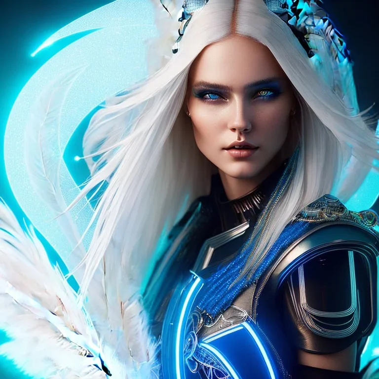 A beautiful portrait of a cute smiling cyberpunk woman, long blond platinum hair, luminous blue eyes, high key lighting, volumetric light high details with blue and white stripes and feathers and white luminous celtic paterns, beam starry background