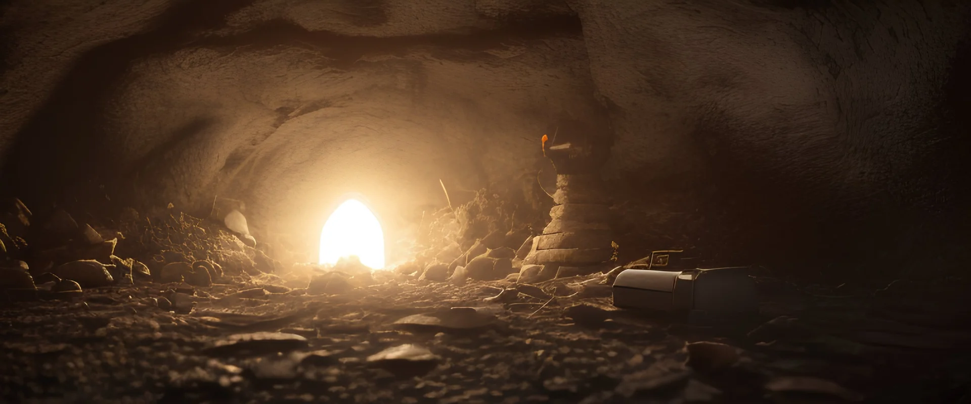 character in semi-darkness, on the scree cone of an underground room dimly lit by daylight coming from a well located forty meters above.