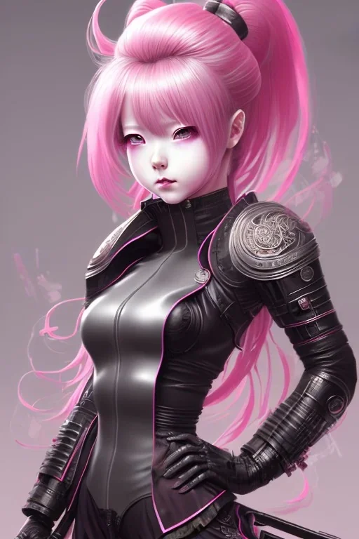 Detailed cute anime Kunoichi girl, pink hair buns, pink bangs, black latex bodysuit, intricate details, full body portrait, keep head in frame, slight smile, black Japanese motif, concept art, highly detailed, digital painting, concept art, sharp focus, illustration, art by Yoji Shinkawa, WLOP and greg rutkowski and alphonse mucha and artgerm and yanjun Chen and Junji ito and Makoto Shinkai, HDR, octane render