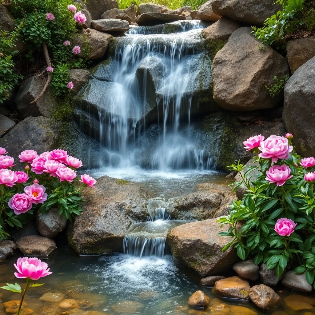 A waterfall with peonies and stones all around not only bright to remove