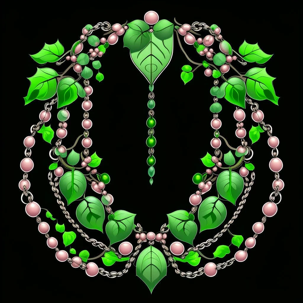 Create an Artwork of a Mirror with ivy branches and pearls necklace, Like a creative Logo for a Varasity Jacket, illustration. Colors should be pink and green