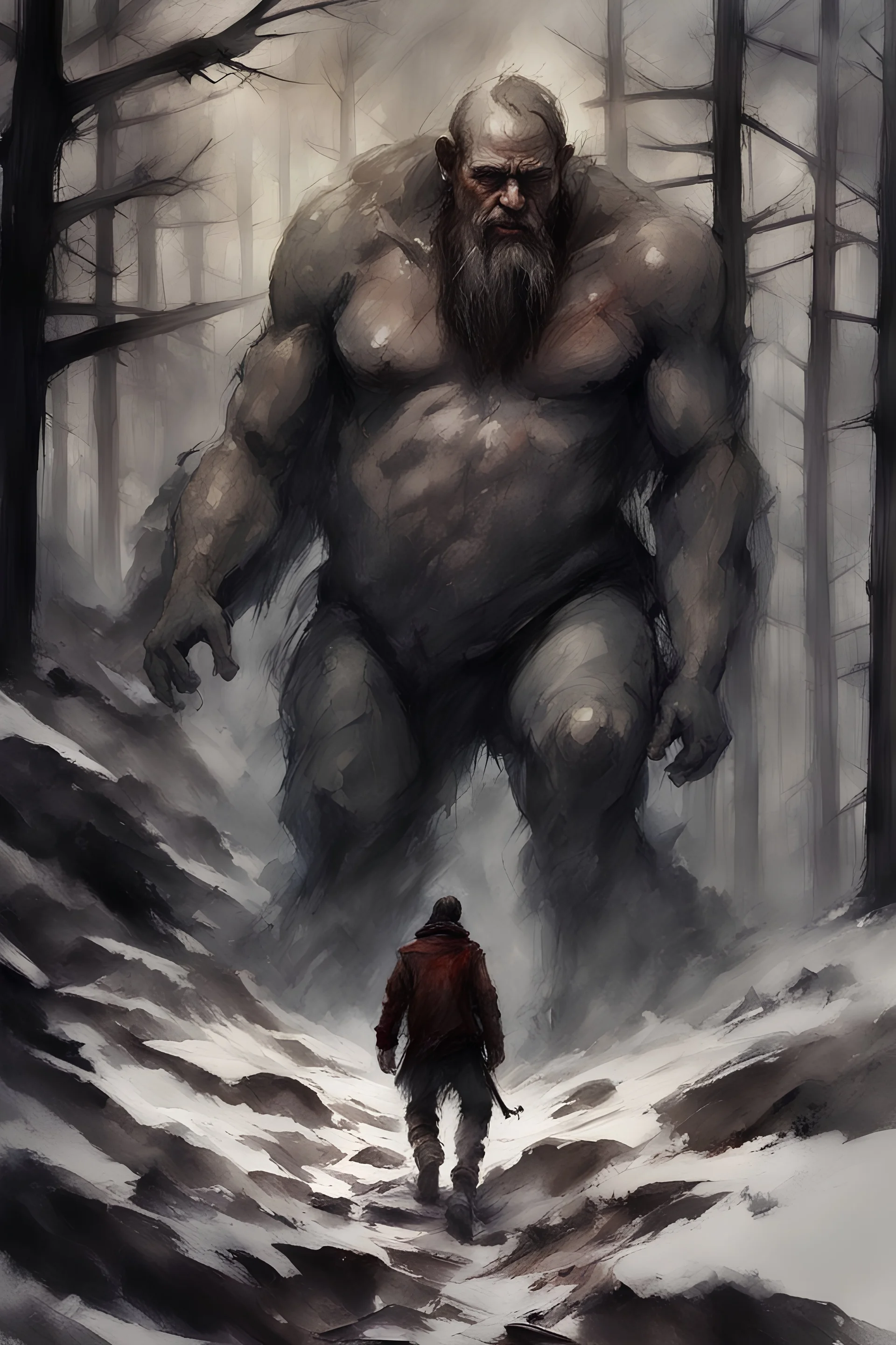 a stupid and crazy stone giant walks through the forest and breaks, vivid emotions, watercolor, photorealism, dark fantasy, bad weather, gloomy day, dark world, sketch art, fine lines, grunge, sensual, darkness, by Raymond Swanland & Alyssa Monks & Anna Razumovskaya