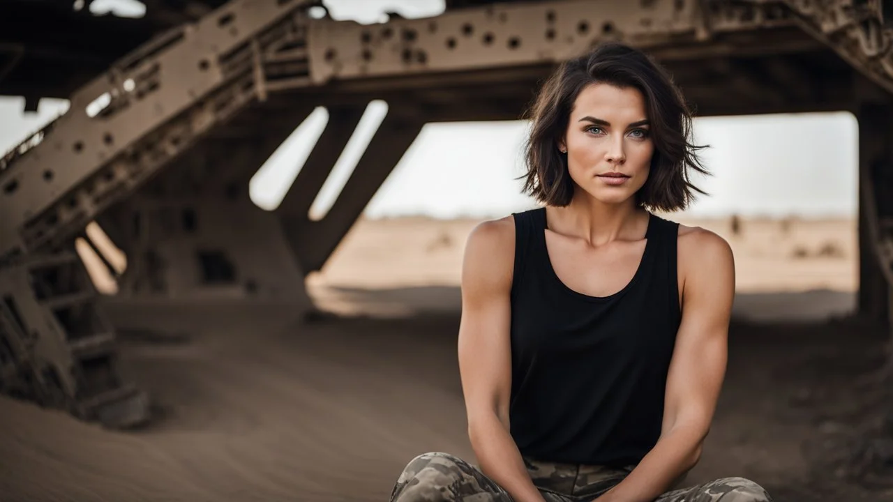 beautiful caucasian female technician, black tank top, well toned muscles, scratched sand camo metal details, short brunette wavy bob haircut, dystopian, desert scene