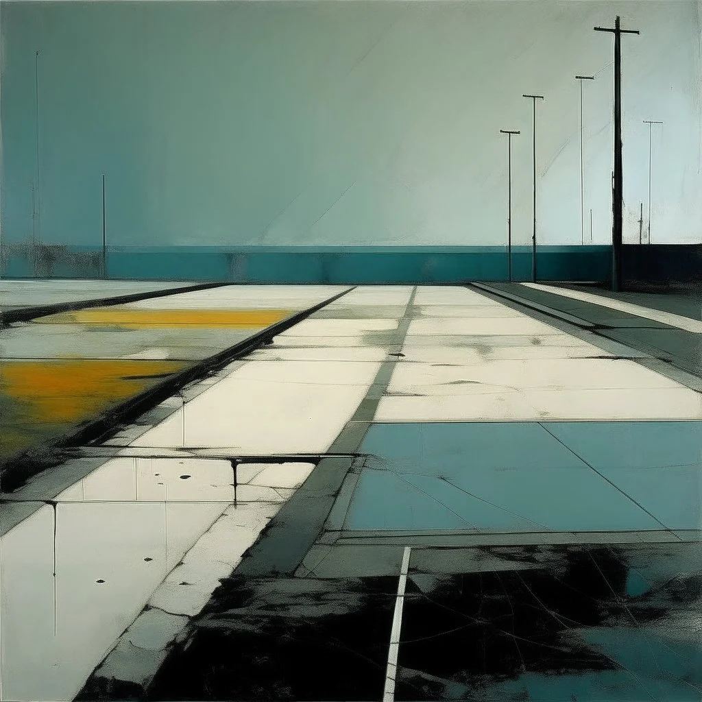 Minimal contemporary abstract oil-painting of desolate 1960s carpark with road markings and concrete fragments. Overlay with grungy typography graphics. style of Justin Mortimer and Francis Bacon.