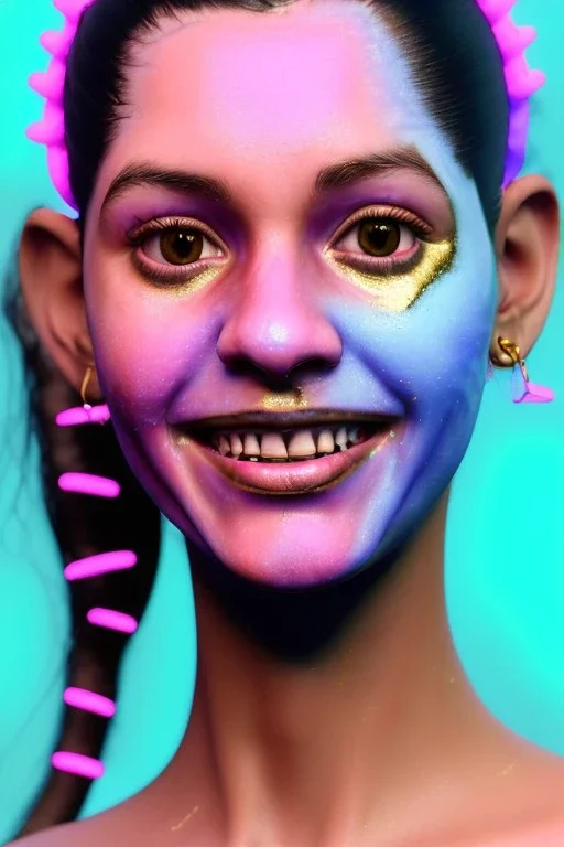 Ultra Realistic image, young Rosalía artist, smile portrait, waist up portrait, long black eye line, sweet face, gold pink and blue geisha style, spray glow make up, led lights, neon, gold piercing nose, gold teeth, led ornament, glow pink iris, fog, oversized bubble latex coat, vibrant color, highly detailed, art stations, concept art, smooth, unreal engine 5, god rays, ray tracing, RTX, lumen lighting, ultra detail, volumetric lighting, 3d, finely drawn, high definition, high resolution.