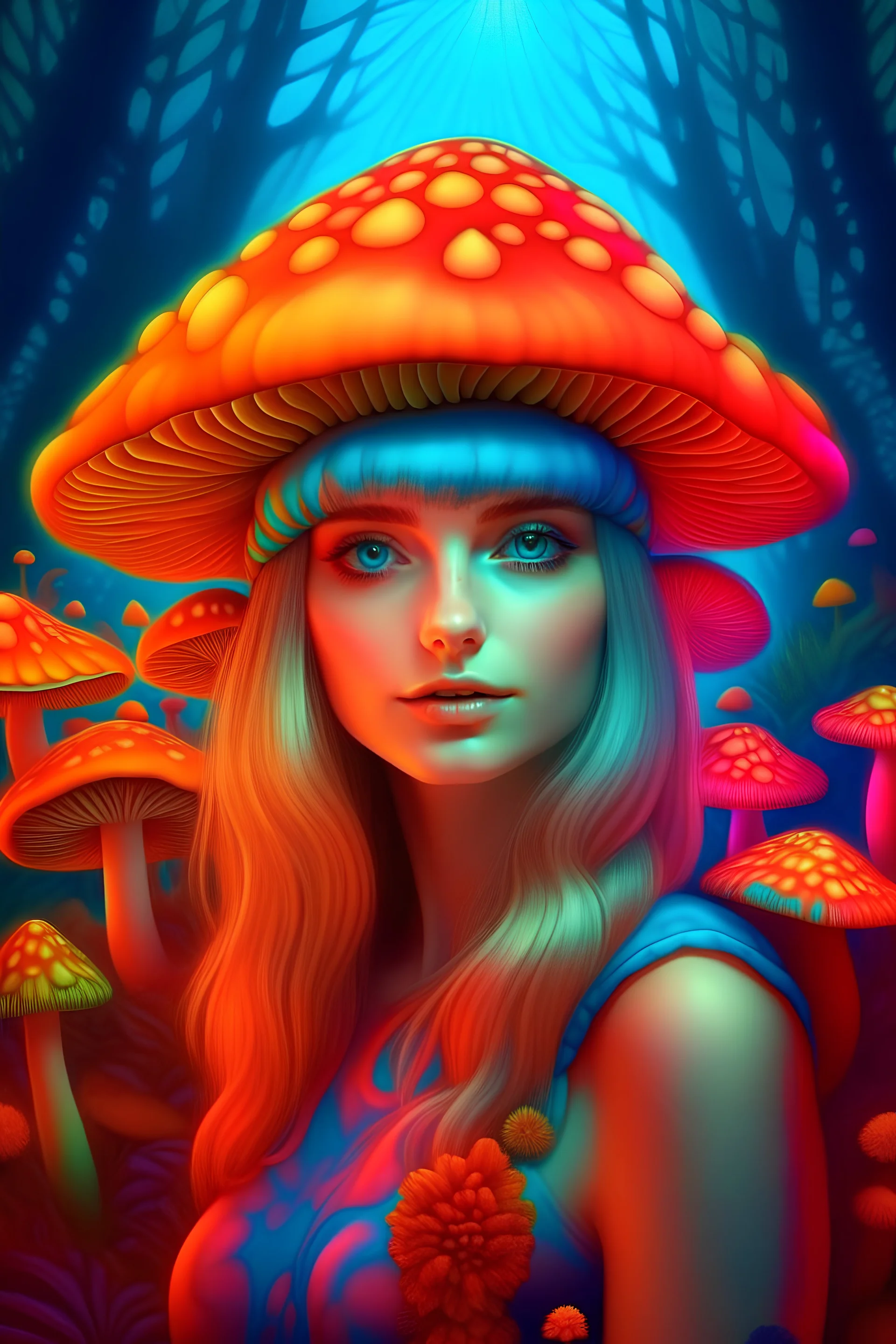 A beautiful fairy girl portrait, mushrooms colorful psychedelic colors, 3D