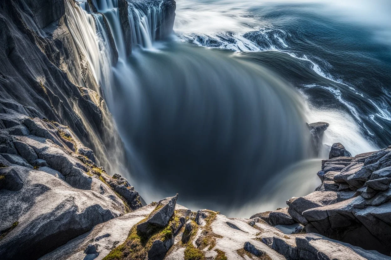 at the base of the rocky mountain peninsula, a great whirlpool waterfalls into deeper unknown depths