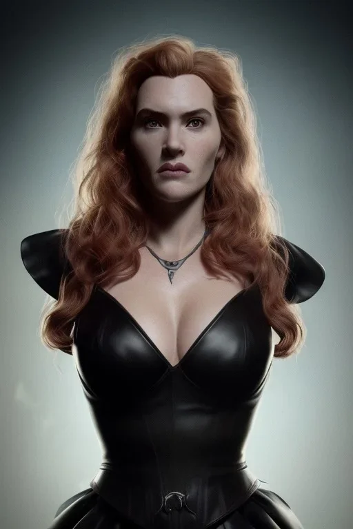 Kate Winslet as evil queen in black leather gown, cleavage, angry, stern look unreal 5, octane render,cinema4d, dynamic lighting, dramatic lighting, 4k, redshift render, highly detailed, hyper realistic