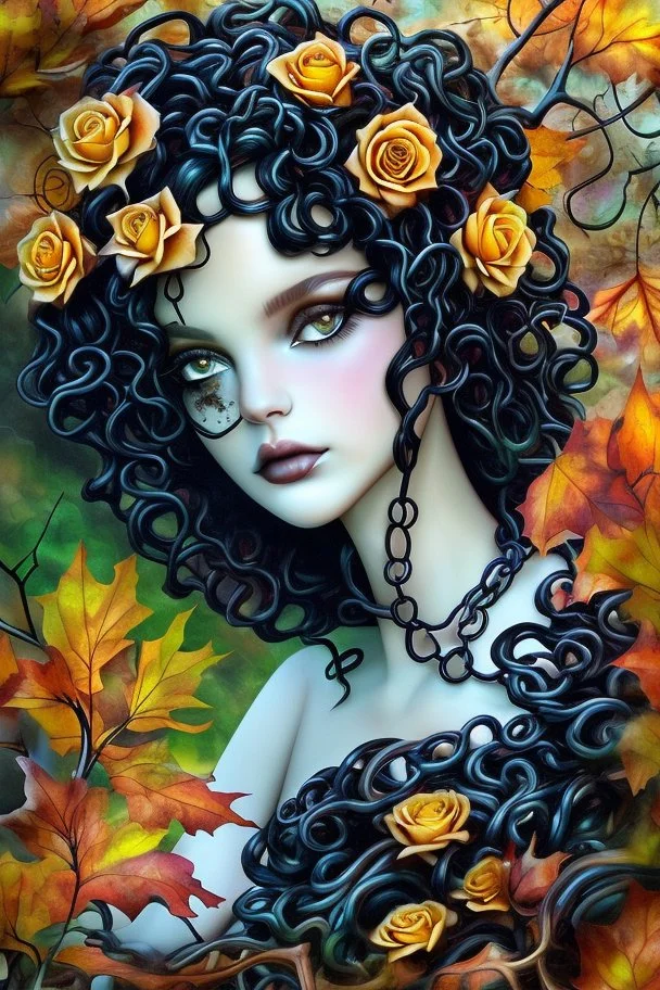 abstract creation of a beautiful girl with black curly hair, surrounded by black roses, thick metal chain broken, glass petals on the ground, autumn colours,dried out thorn bush, chaos,