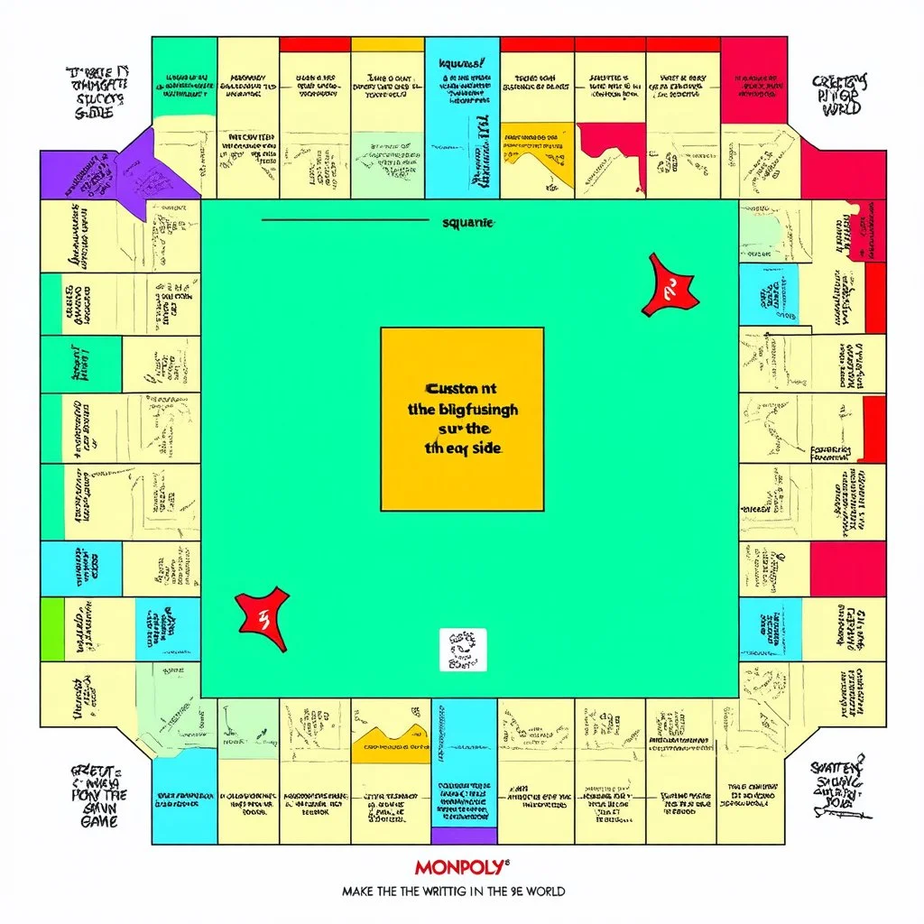 create a custom monopoly style board GAME with: EQUAL SIDES 12 SQUARE EACH SIDE WITH A BIG SQUARE IN THE MIDDLE. MAKE THE WRITING IN THE MIDDLE SAY OWN THE WORLD ,