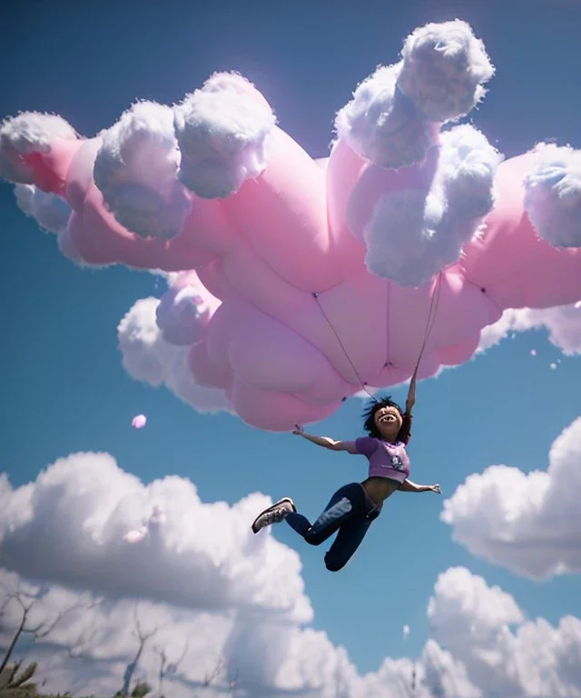 Ultra realistic clouds sky scene, medium shot view, portrait, sweet Childs, free jumping flying, trinkets, monster hair, jelly beans, balls, smile, happy, Wes Anderson style, inflatable color clothing, extreme, wind, clouds sea, 20,000 feet altitude, stratosphere, soft color, highly detailed, unreal engine 5, ray tracing, RTX, lumen lighting, ultra detail, volumetric lighting, 3d, finely drawn, high definition, high resolution.