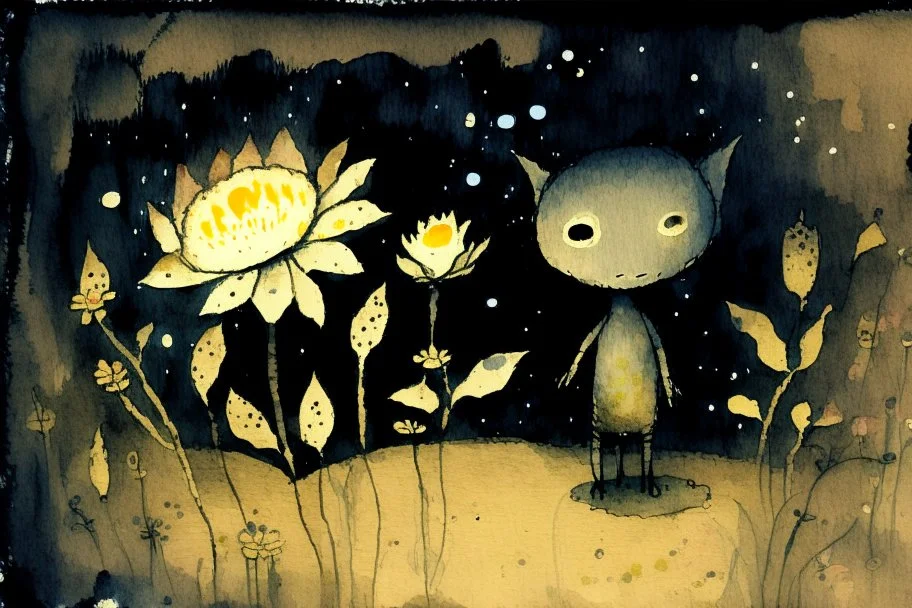 painted and burned burlap, moonlight, cute chibi dynamically jumping dragon, flowers, styles of Paul Klee Dee Nickerson and Tim Burton, melting watercolor and black ink outlines on wet paper, soft, shading strokes, in candlelight, ethereal, otherwordly, cinematic postprocessing, bokeh, dof