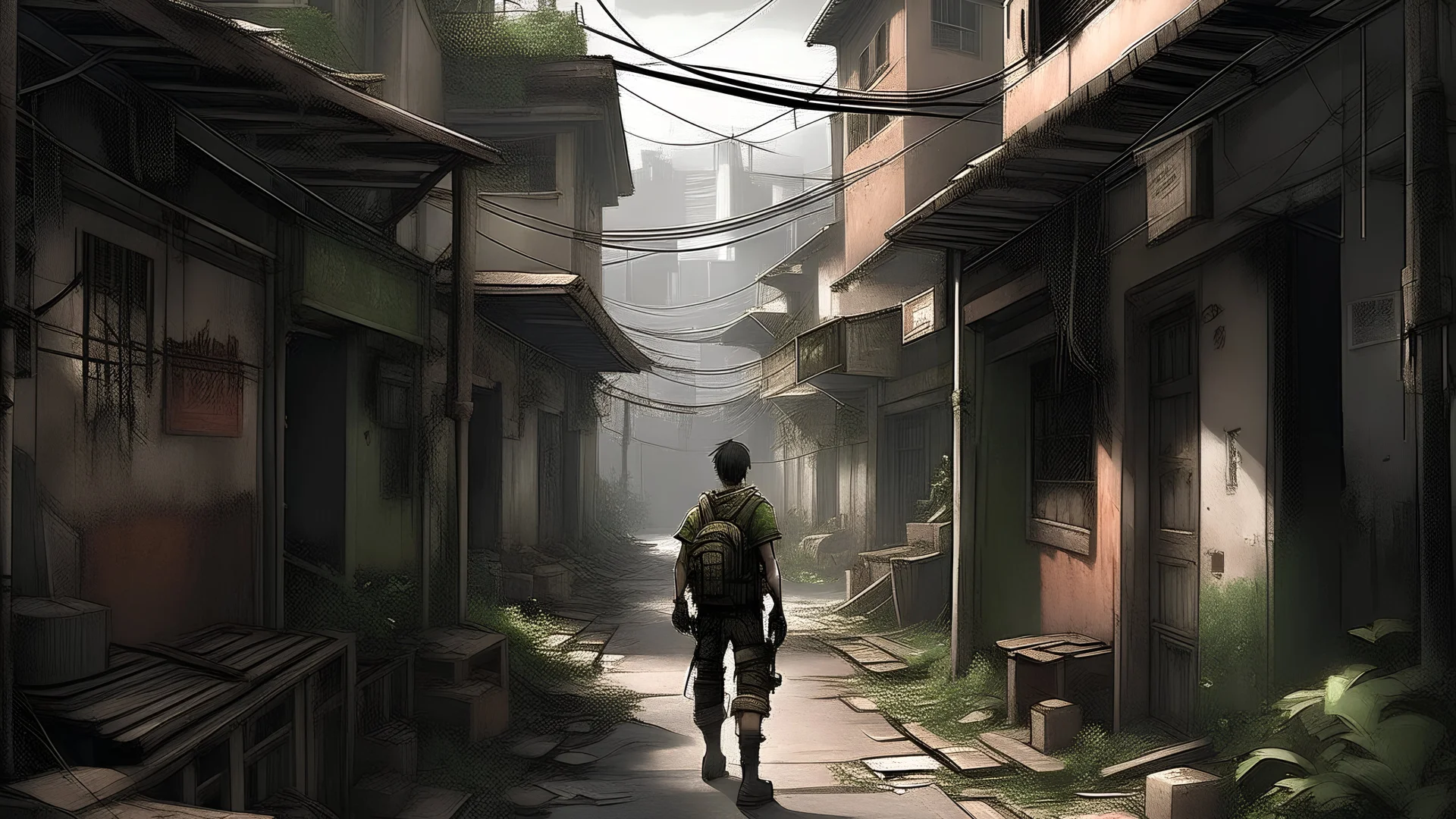 /imagine prompt: realistic, personality: [Illustrate a bustling village plagued by crime and corruption. Buildings are dilapidated, graffiti covers the walls, and people walk with their heads down. The young warrior strides through the streets, his eyes scanning the surroundings, ready to take on any challenges that come his way] unreal engine, hyper real --q 2 --v 5.2 --ar 16:9