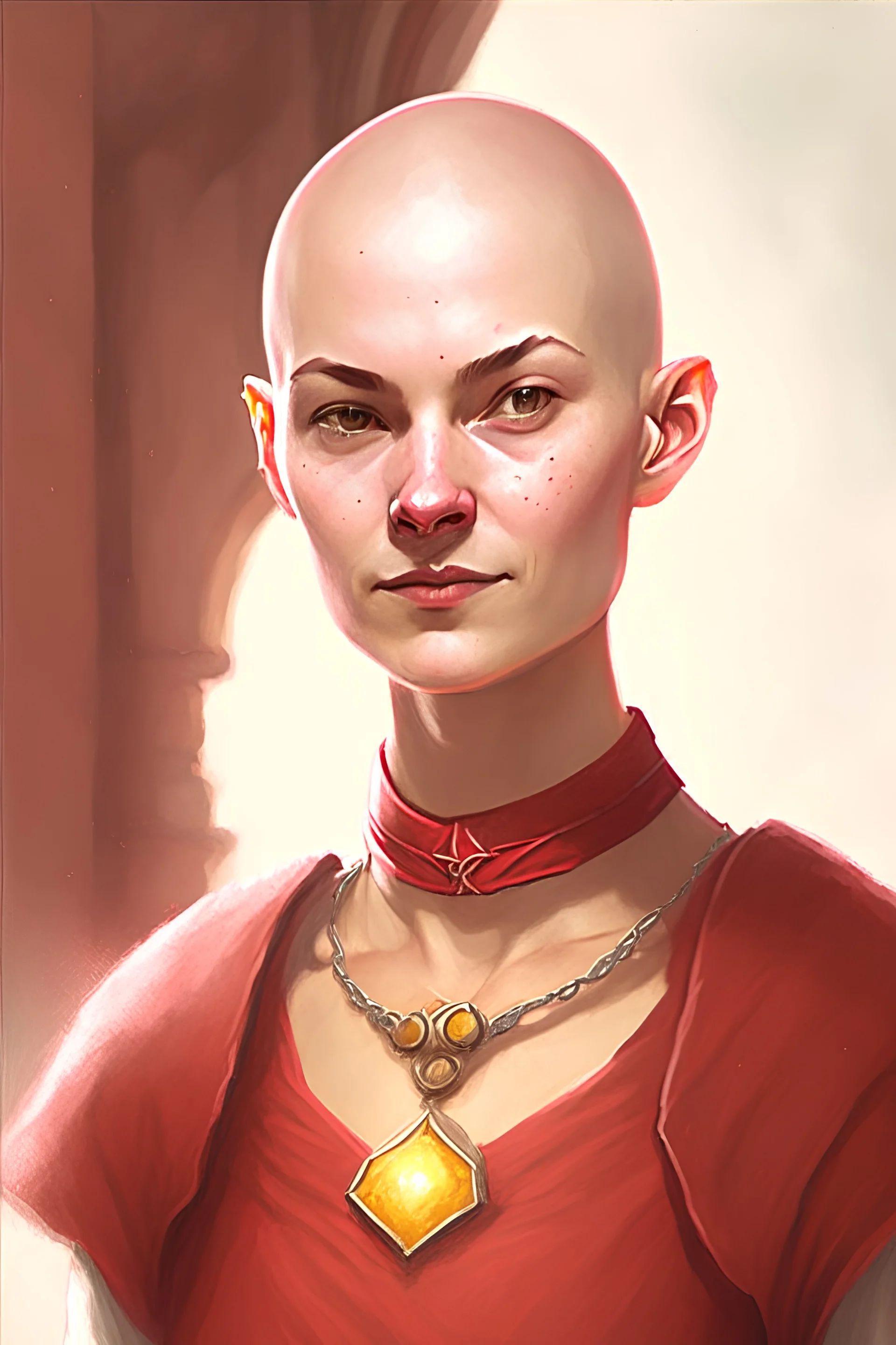 portrait colour drawing, fantasy setting, 22-year old friendly female Caucasian human cleric, shaved head, small round ears, light eyebrows, wearing red beaded necklace ,gwendolin christie