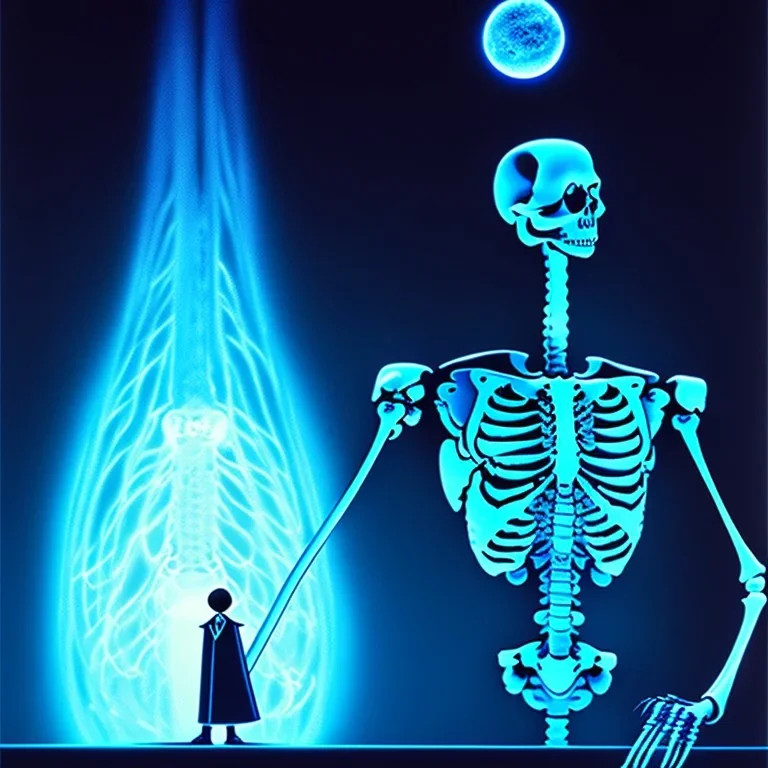 The Grim Reaper and the Skeleton in Tron world, discussing the future of the universe, art by Magritte and Pixar