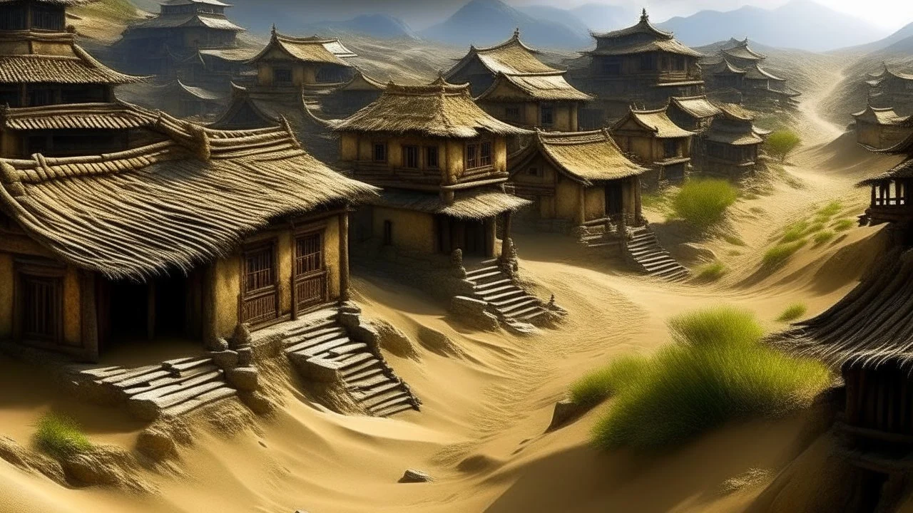 ancient, fantasy, chinese town, dune, crater, sand strom, destroyed chinese houses