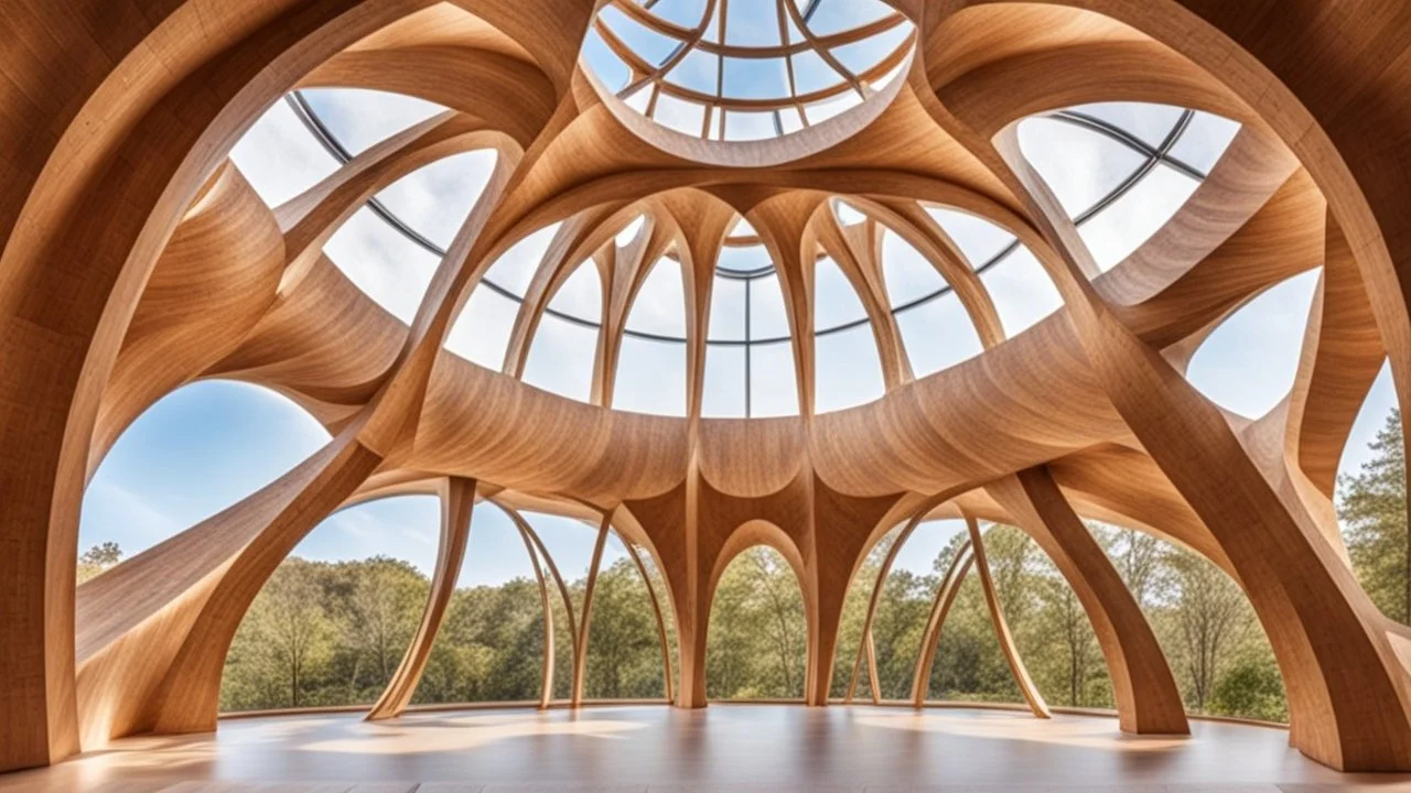 2060 Vista desde el interior de un hermoso e inspirador edificio curvo simétrico construido con elegantes y delgadas vigas de madera entrelazadas, con forma de elegantes parábolas, espirales doradas y círculos. Increíble arquitectura totalmente simétrica, grandes ventanales, ubicación en el campo, noche, estrellas, luciérnagas, montañas distantes, lago, luz natural suave y perfecta, fotografía extremadamente detallada y premiada, hermosa composición, 16k, HDR, enfoque nítido, obra maestra