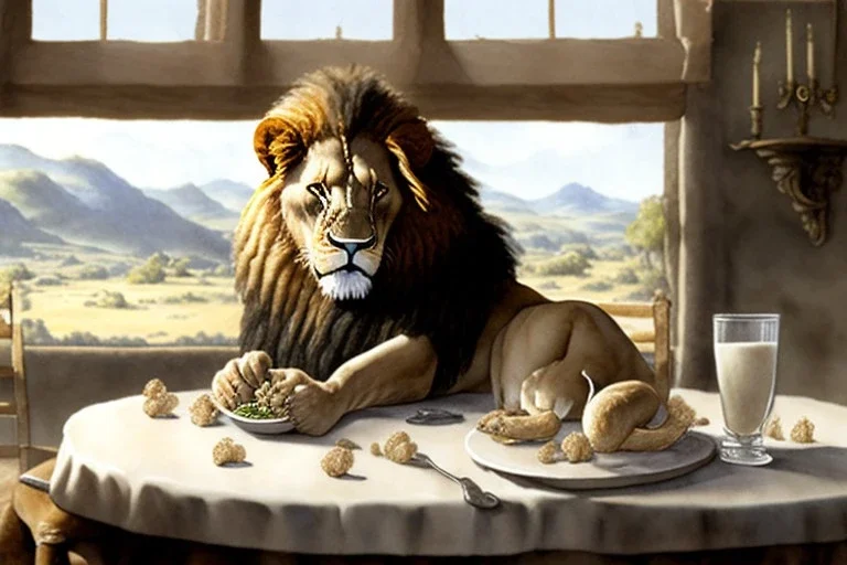 Lion sitting at a table eating garlic bulbs and drinking milk. Highly detailed, smooth colours, realistic landscape. Aquarell